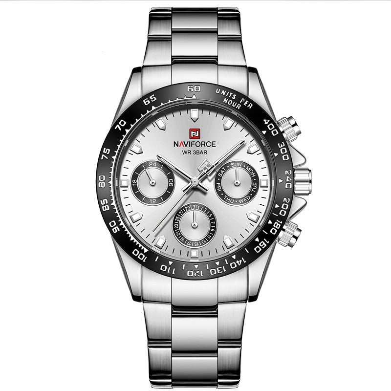 Minimalist silver stainless steel student watch with luminous date, calendar, and 24-hour quartz movement.