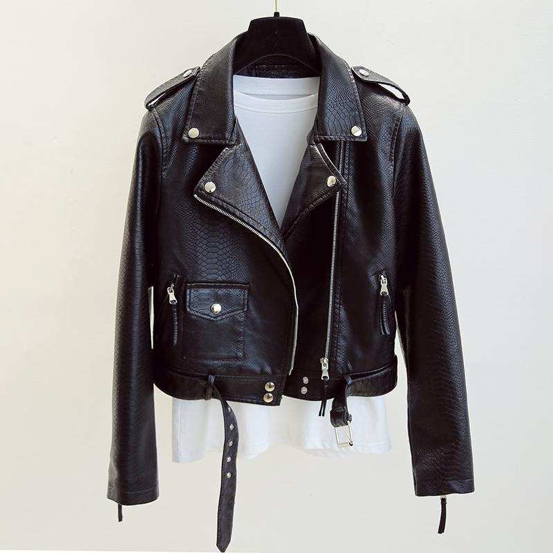 Black women's short faux leather jacket with lapel collar and belt, displayed on hanger
