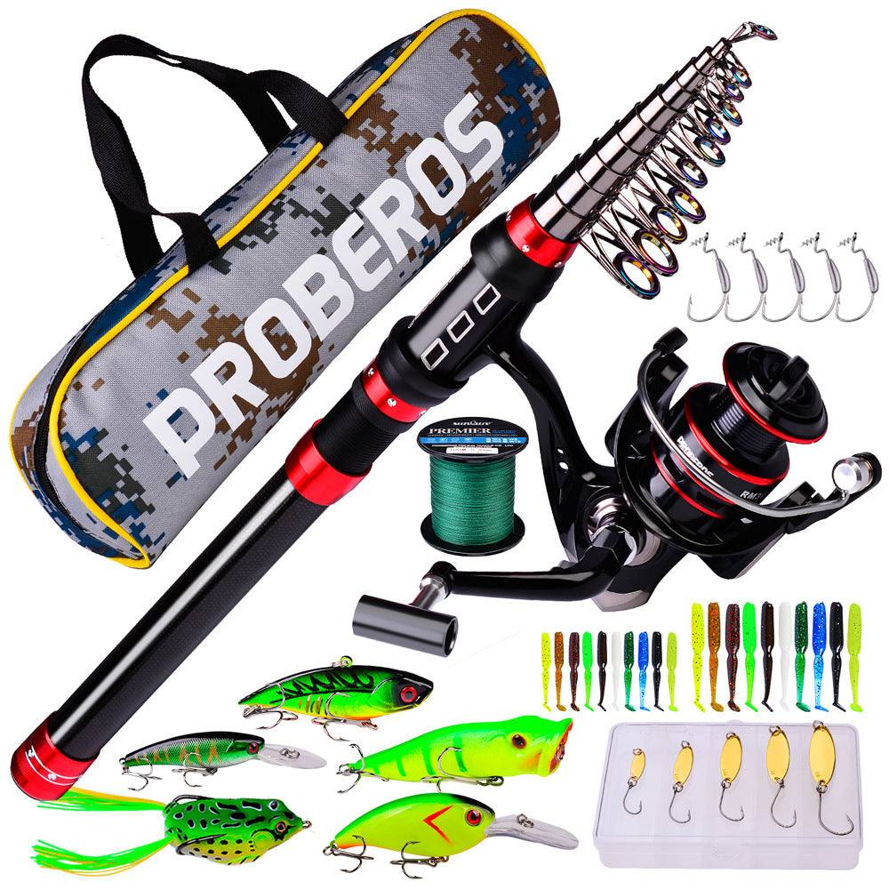 Long cast rod fishing reel combo set with fishing line, hooks, soft baits, lures, and carrying bag