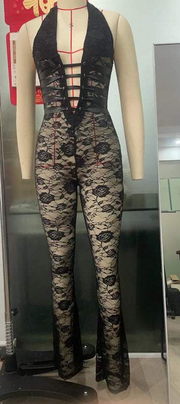 Black Lash Rope Lace Up slim fit lace jumpsuit with see-through design on mannequin