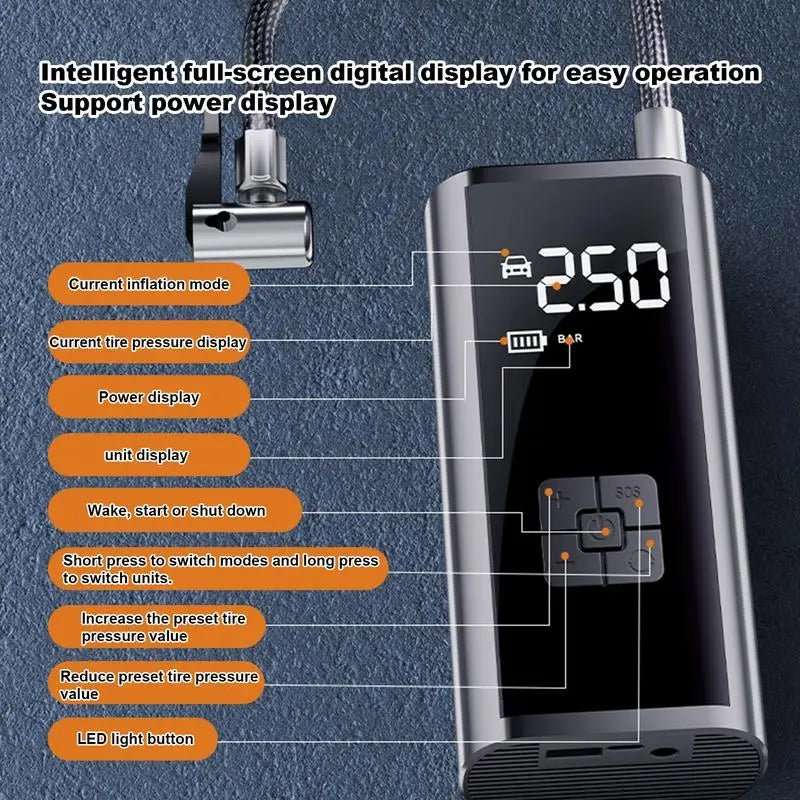 Electric Air Compressor Portable Tire Inflator Digital Automobiles Tire Pump LED Lighting Design Precise Inflation Outdoor Use - AMIR BAGS INDIA PRIVATE LIMITED
