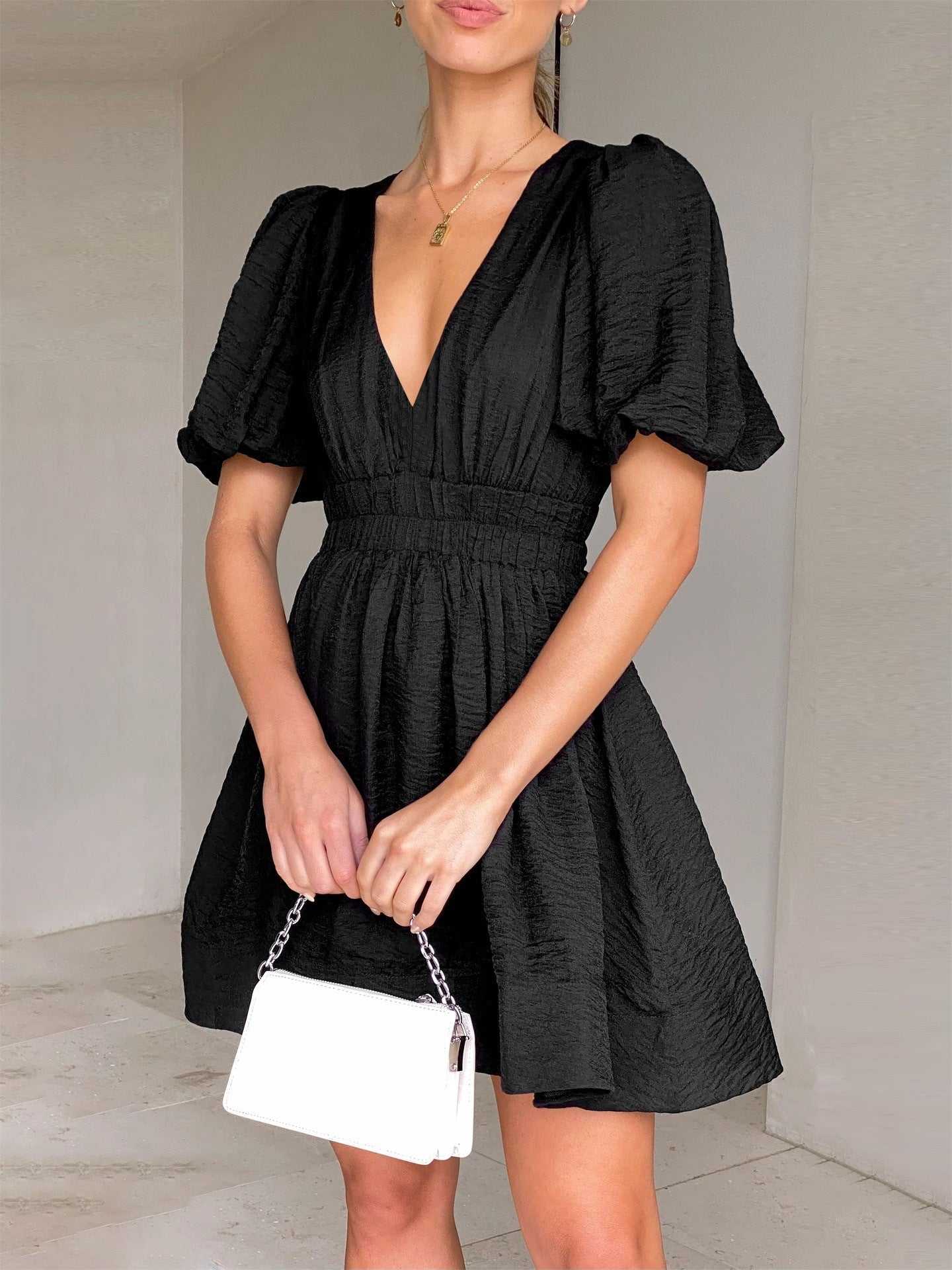 European And American Elegant Dress Sweet Waist Trimming Dress V - Neck Lantern Sleeve Dress Women's Summer Sun Dresses Evening Dress - AMIR BAGS INDIA PRIVATE LIMITED