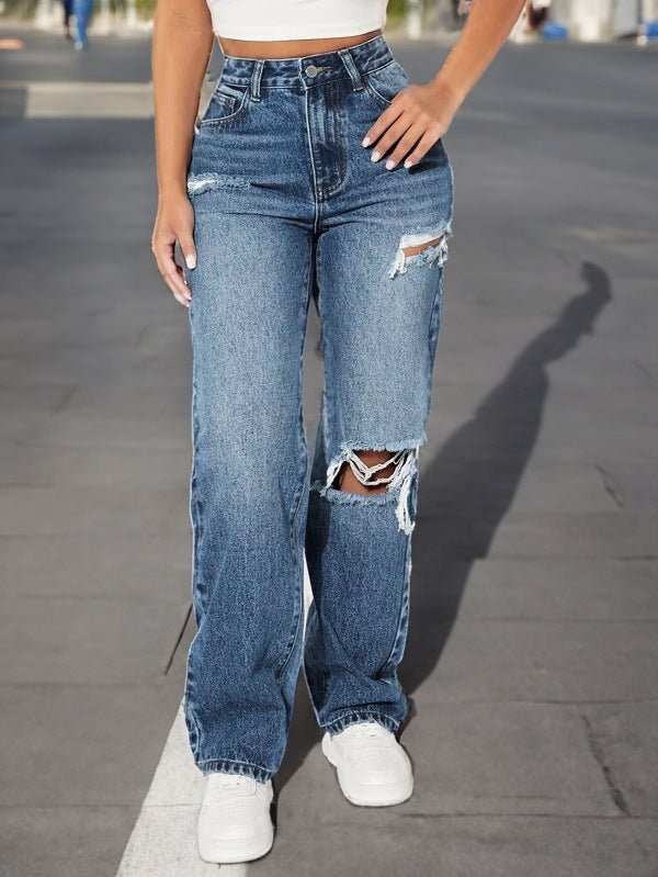 European And American Ripped Trendy Women's Jeans Straight - AMIR BAGS INDIA PRIVATE LIMITED