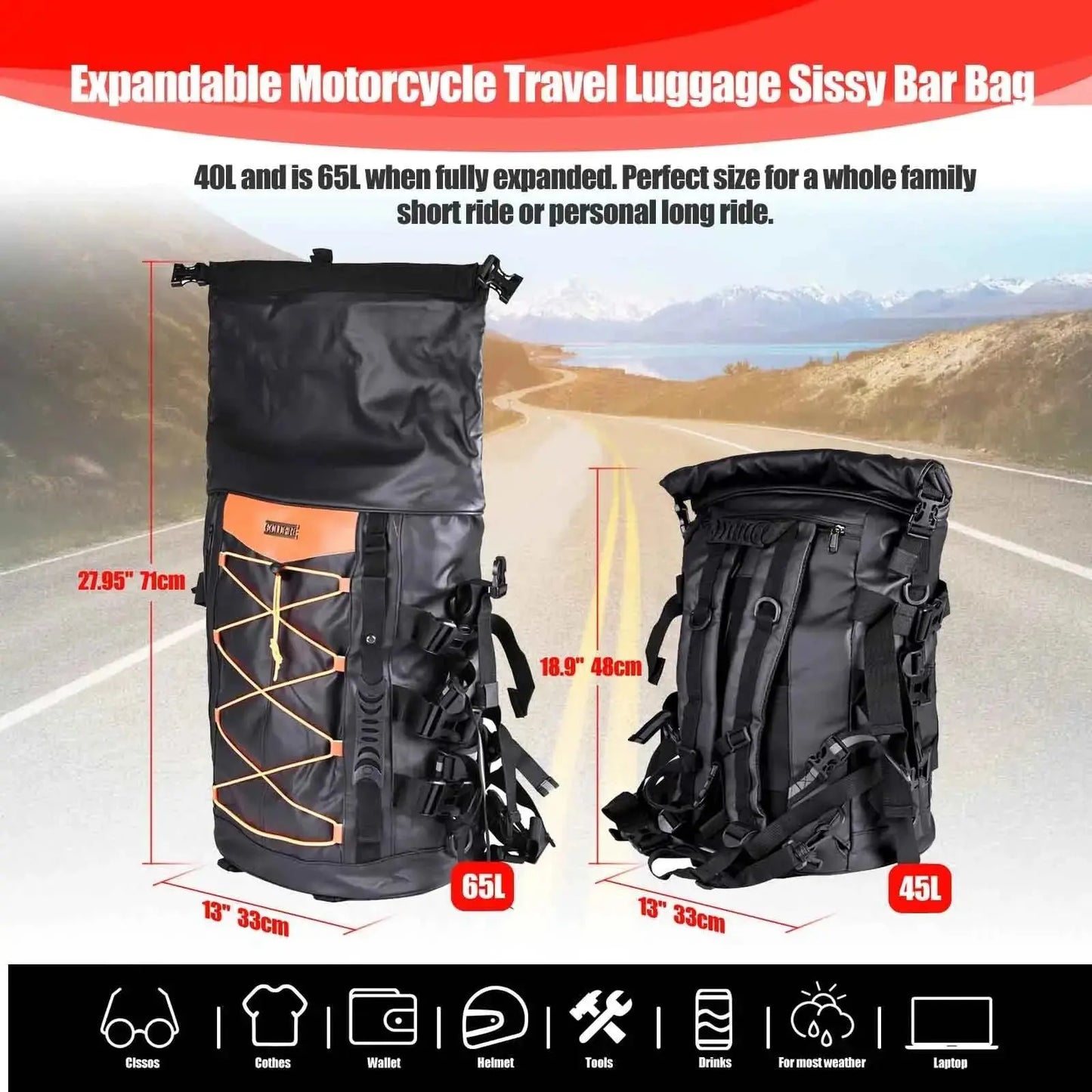 Expandable Motorcycle Tail Bag Travel Luggage Sissy Bar Bag Weather Resistant Tail Duffle Bag Gear Backpack with Sissy Bar Strap - AMIR BAGS INDIA PRIVATE LIMITED