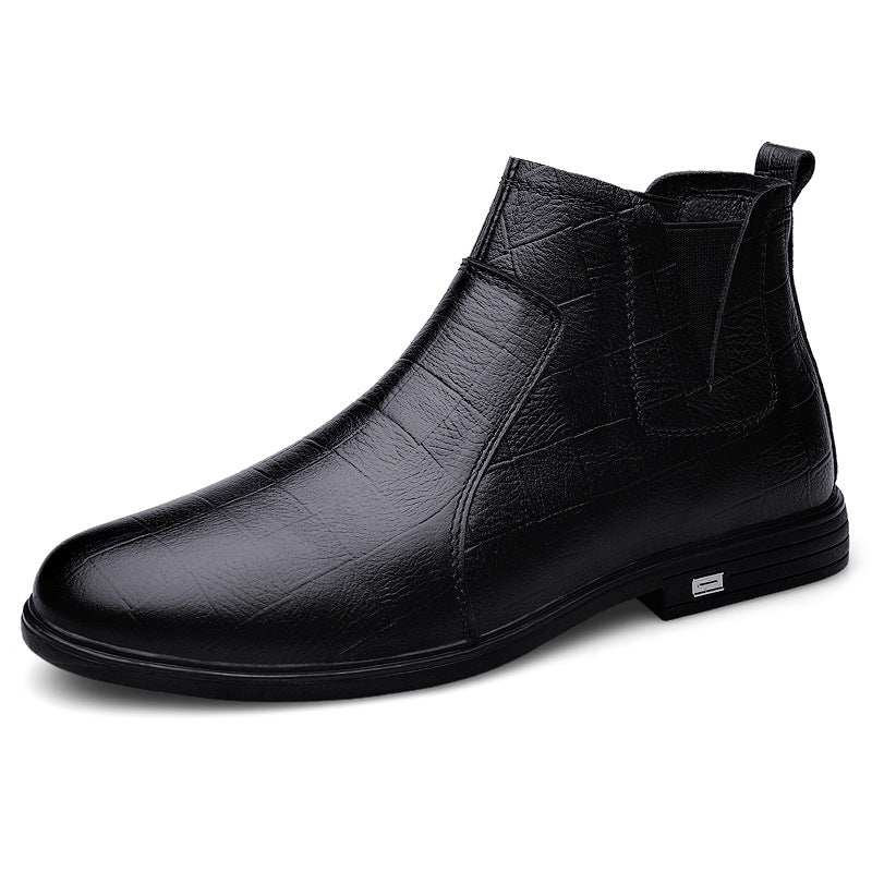 Black casual men's leather boots with low heels and round toes