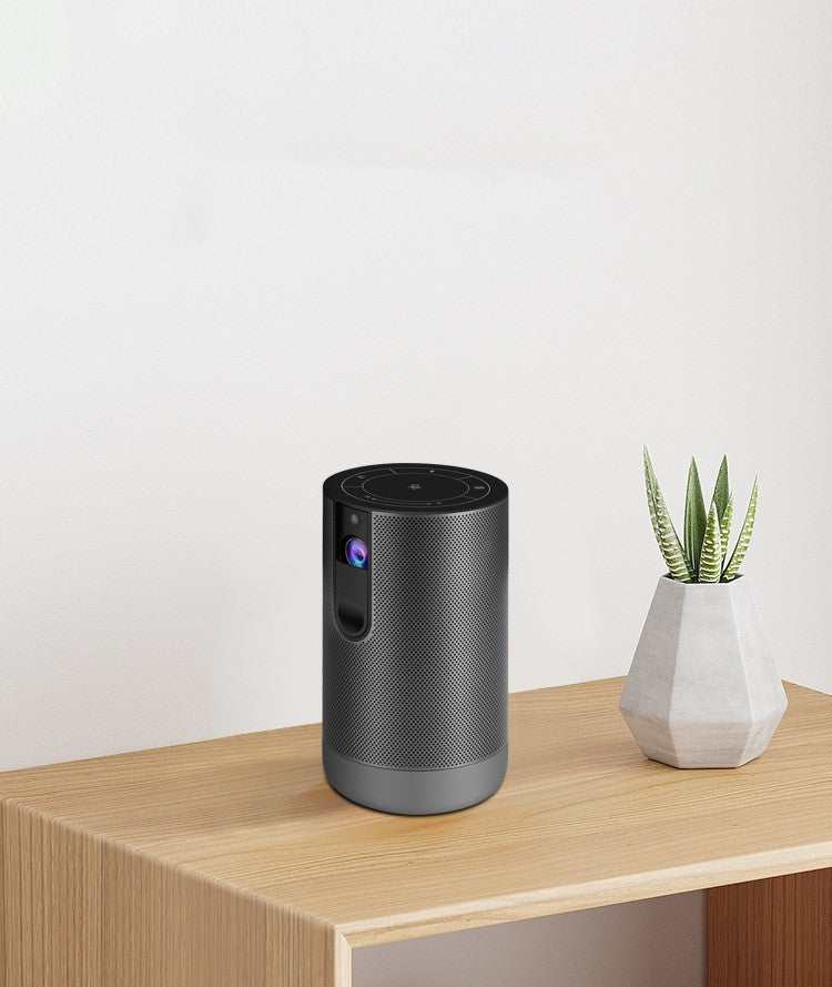 Compact mini screenless TV portable smartphone projector with cylindrical design on wooden table next to a small geometric planter with green succulent plant