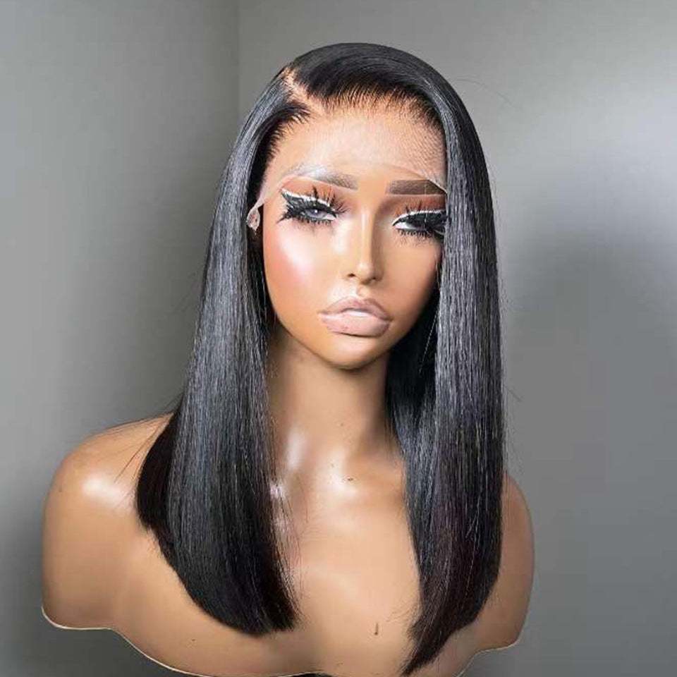 200 Density Bob human hair wig with natural black 14-inch straight hair and pre-plucked baby hairline on 13x4 Swiss lace cap