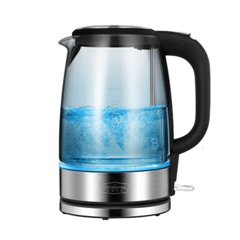 Small glass electric kettle with chassis heating, 1.7L capacity, automatic power off, and black handle for office and household use