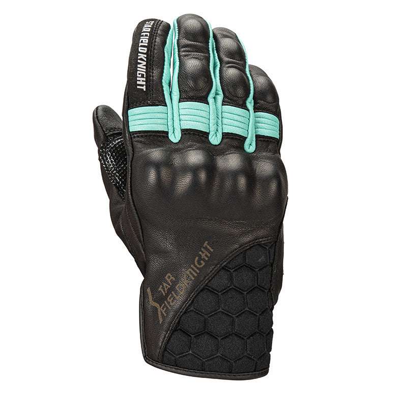 Black and turquoise goatskin leather motorcycle glove with carbon fiber protection and touchscreen capability