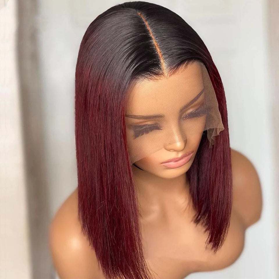 Short straight 1B-99J colored bob human hair wig with lace front and transparent Swiss lace base