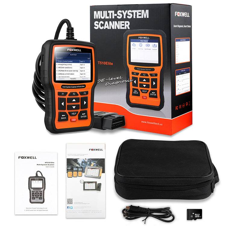 Automotive diagnostic tool Foxwell NT510 Elite with multifunctional scanner, OBD2 compatibility, and carrying case.
