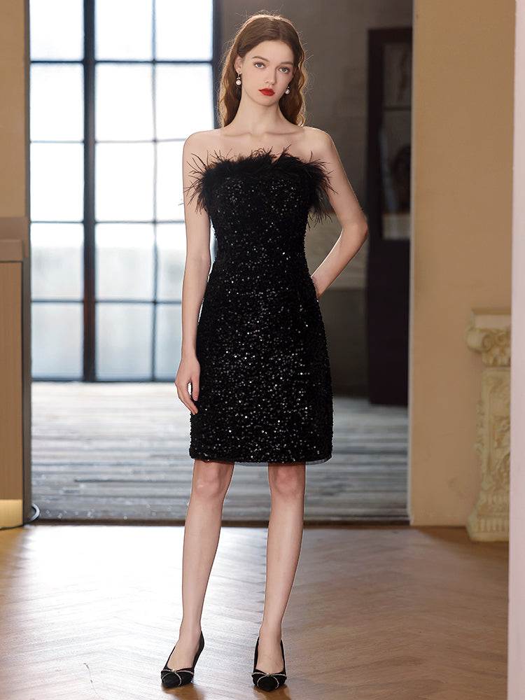 Black off-shoulder banquet evening dress with sequins and feather detailing, short length, fitted silhouette