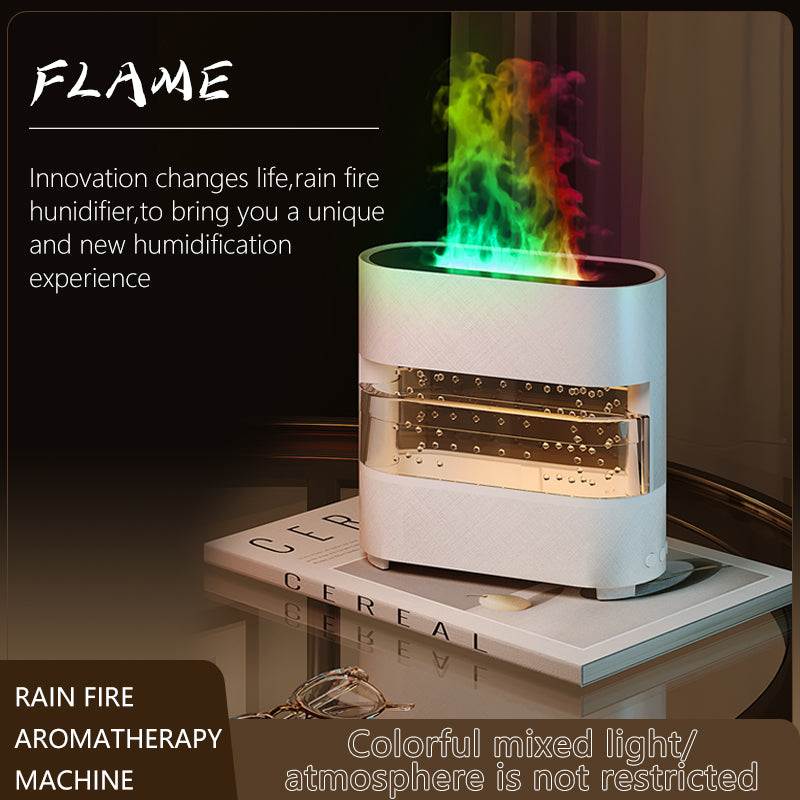 2024 Rain Cloud Fire Humidifier with colorful flame effect and aromatherapy diffuser on table with book and glasses