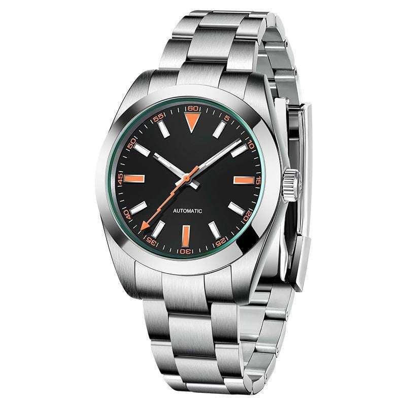 Precision steel waterproof men's mechanical watch with black dial and stainless steel bracelet