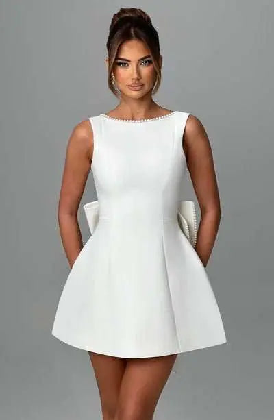 Fashion Big - Bowed Pearls Backless Dress Summer Slim Sleeveless A - line Dresses For Party Evening Women's Clothing - AMIR BAGS INDIA PRIVATE LIMITED