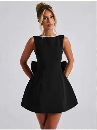 Fashion Big - Bowed Pearls Backless Dress Summer Slim Sleeveless A - line Dresses For Party Evening Women's Clothing - AMIR BAGS INDIA PRIVATE LIMITED