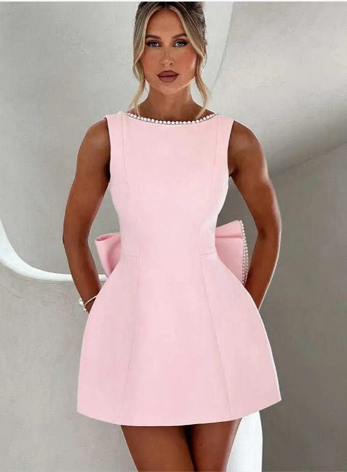 Fashion Big - Bowed Pearls Backless Dress Summer Slim Sleeveless A - line Dresses For Party Evening Women's Clothing - AMIR BAGS INDIA PRIVATE LIMITED