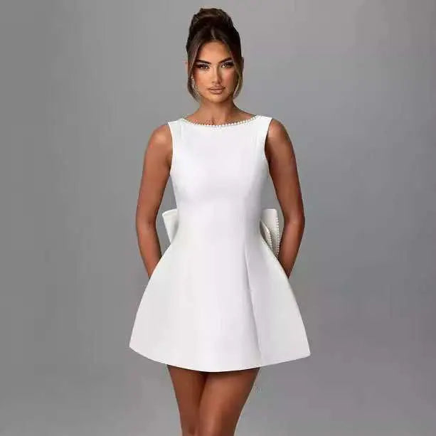 Fashion Big - Bowed Pearls Backless Dress Summer Slim Sleeveless A - line Dresses For Party Evening Women's Clothing - AMIR BAGS INDIA PRIVATE LIMITED