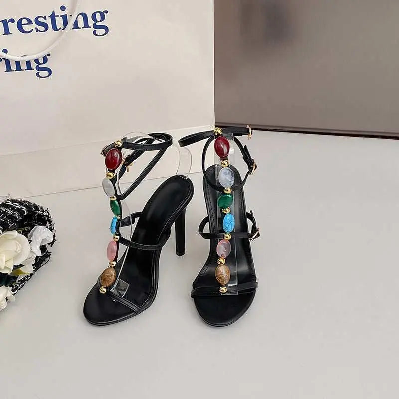 Fashion Colorful Beads Buckle Sandals Summer Stiletto High Heel Shoes Women Party Pumps - AMIR BAGS INDIA PRIVATE LIMITED