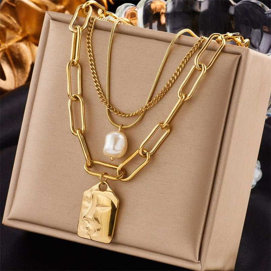 Fashion Jewelry Layered Face Portrait Chain Choker Necklace For Women Elegant Pearls Pendant Necklace Jewelry Accessories - AMIR BAGS INDIA PRIVATE LIMITED