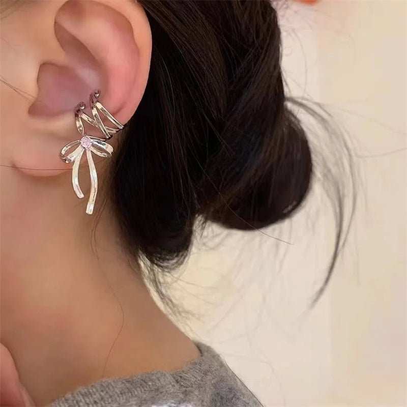 Fashion Jewelry New Ribbon Aesthetics Ear Clips Ballet Style Ribbon Bow - knot Ear Cuff For Women Fashion Non - Piercing Ear Clips Earrings Jewelry - AMIR BAGS INDIA PRIVATE LIMITED