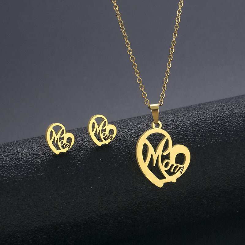 Fashion Jewelry Stainless Steel Heart - shaped Mom Necklace And Earring Suit - AMIR BAGS INDIA PRIVATE LIMITED