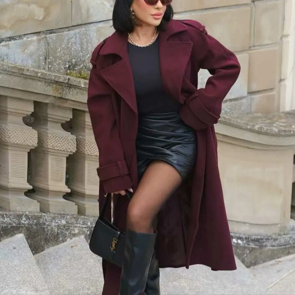 Fashion Lapel Woolen Coat With Belt Winter Double - breasted Trench Long Jacket For Women Clothing - AMIR BAGS INDIA PRIVATE LIMITED