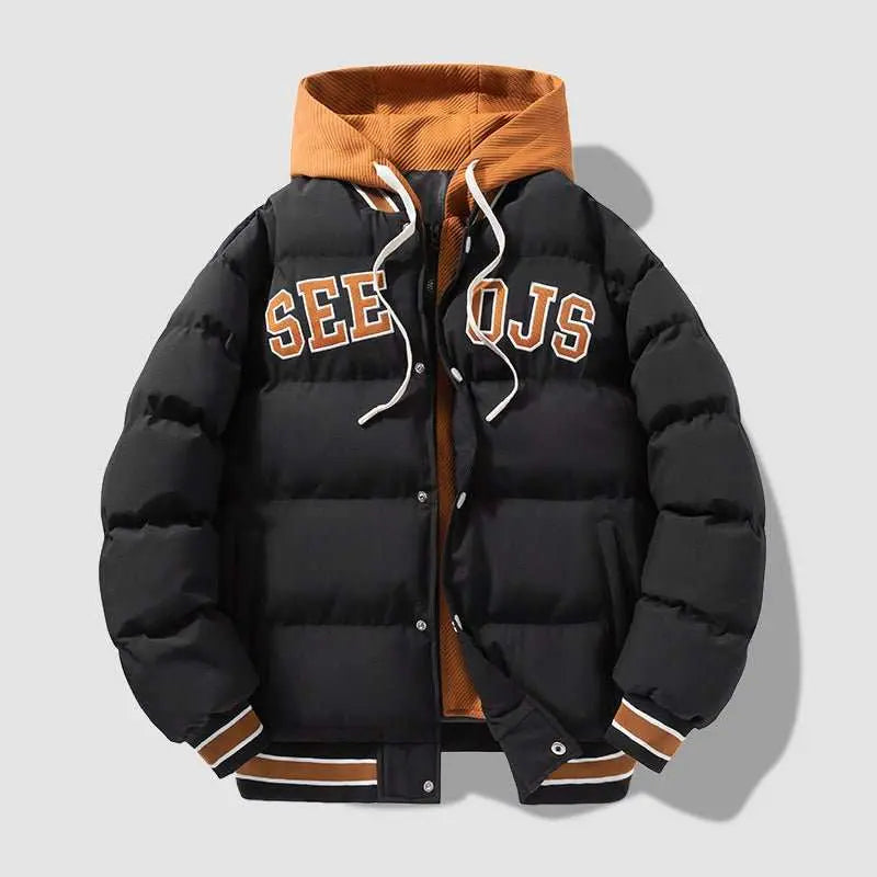 Fashion Letter Hooded Cotton Coat Winter Warm Solid Zipper Jacket For Men Teenagers Clothing - AMIR BAGS INDIA PRIVATE LIMITED