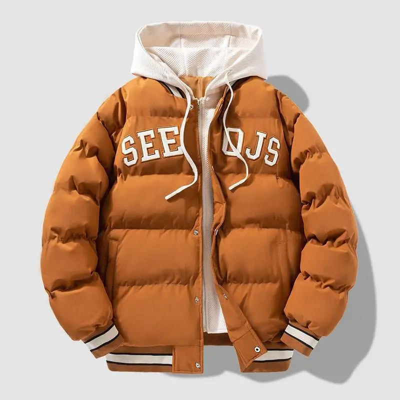 Fashion Letter Hooded Cotton Coat Winter Warm Solid Zipper Jacket For Men Teenagers Clothing - AMIR BAGS INDIA PRIVATE LIMITED