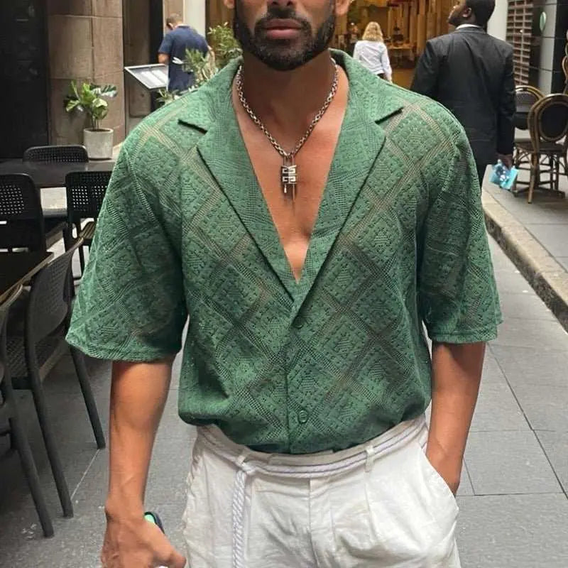 Fashion Mens Clothing Men's Hollow-out Breathable Short-sleeved Lapel Product information:Color: green, black, white Size: M,L,XL,XXL,XXXL Style: Cardigan Thickness: ordinary Fabric name: cotton blend Main fabric composition: PolyesterDropshipmanAMIR BAGS INDIA PRIVATE LIMITEDnull