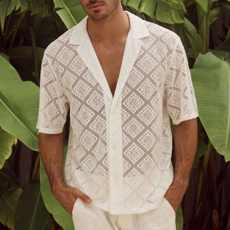 Fashion Mens Clothing Men's Hollow-out Breathable Short-sleeved Lapel Product information:Color: green, black, white Size: M,L,XL,XXL,XXXL Style: Cardigan Thickness: ordinary Fabric name: cotton blend Main fabric composition: PolyesterDropshipmanAMIR BAGS INDIA PRIVATE LIMITEDnull