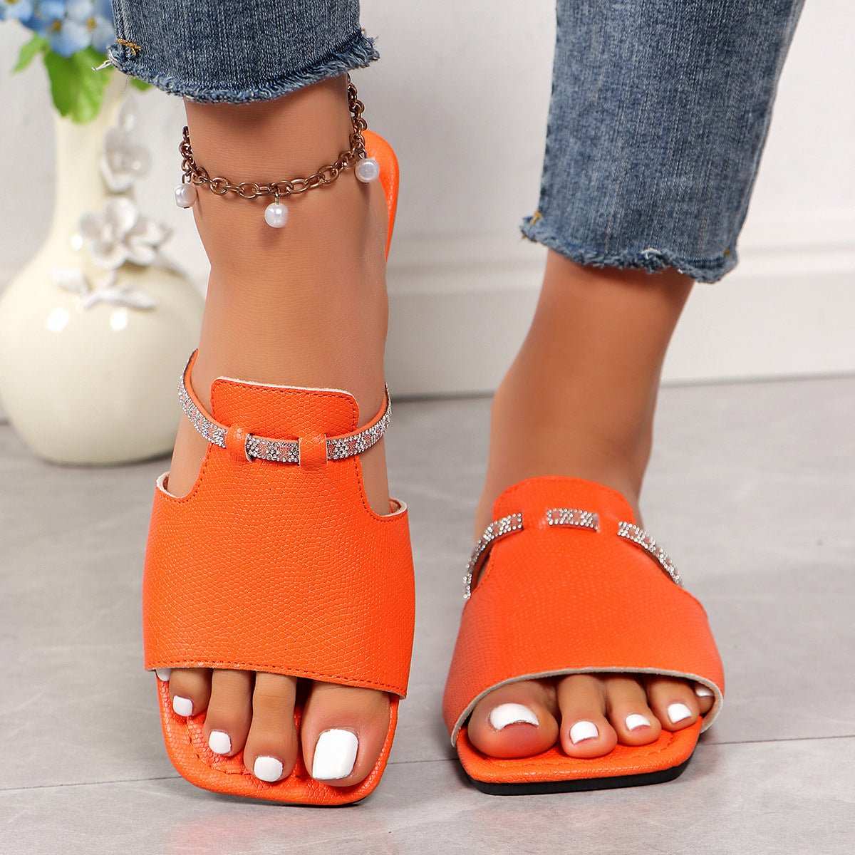 Fashion Rhinestone Strap Design Sandals Summer New Square Toe Low Heel Slippers For Women Slides Casual Beach Shoes - AMIR BAGS INDIA PRIVATE LIMITED