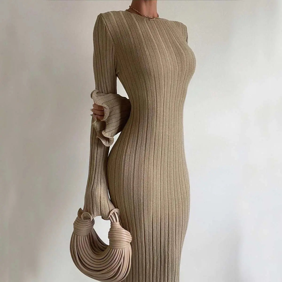 Fashion Slim Long - sleeved Ruffled Long Dress Sexy Hip - wrapped Back - less Knitted Maxi Dresses For Party Beach Womens Clothing - AMIR BAGS INDIA PRIVATE LIMITED