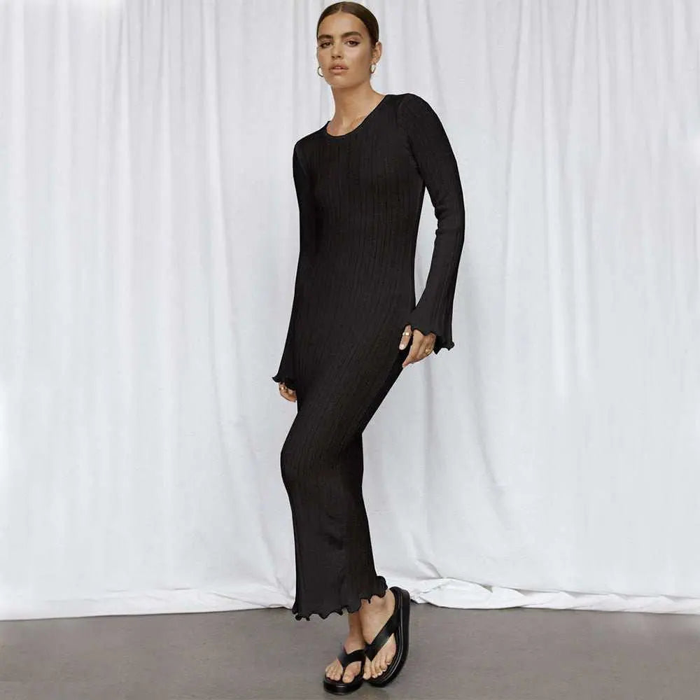 Fashion Slim Long - sleeved Ruffled Long Dress Sexy Hip - wrapped Back - less Knitted Maxi Dresses For Party Beach Womens Clothing - AMIR BAGS INDIA PRIVATE LIMITED
