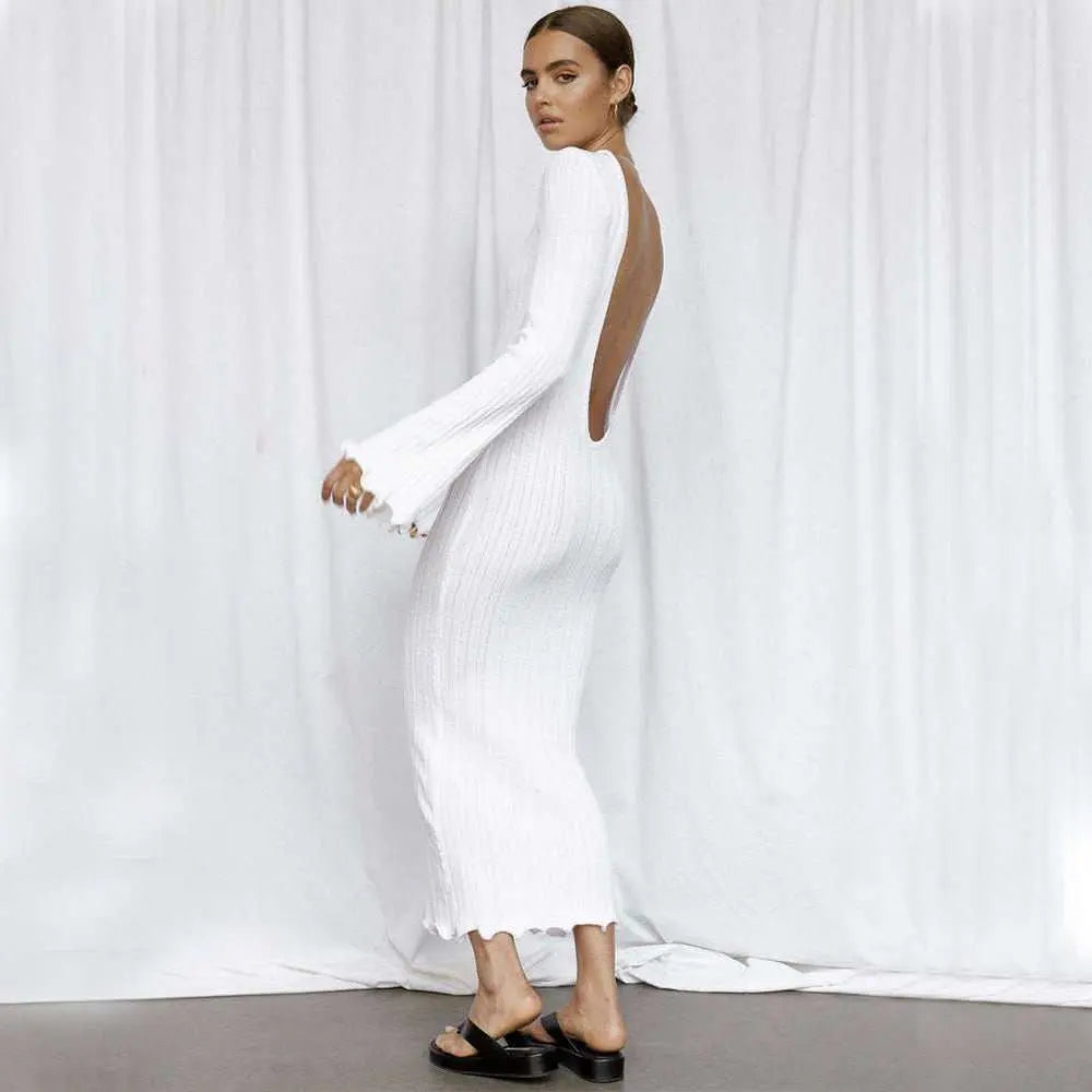 Fashion Slim Long - sleeved Ruffled Long Dress Sexy Hip - wrapped Back - less Knitted Maxi Dresses For Party Beach Womens Clothing - AMIR BAGS INDIA PRIVATE LIMITED