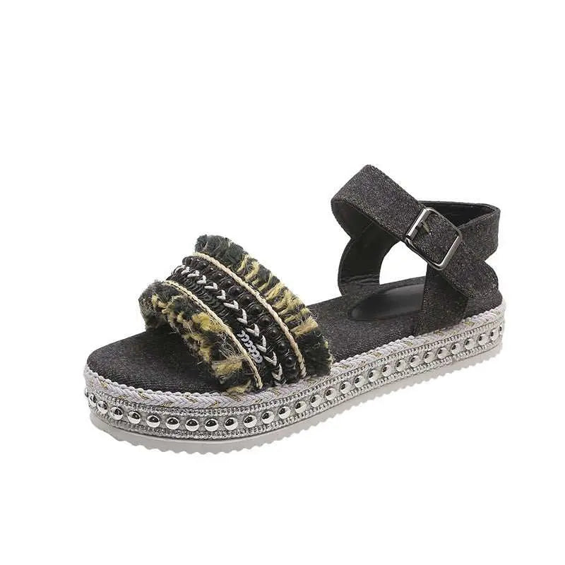 Fashion Tassel Denim Sandals With Thick - soled Flat Heel New Summer Hemp Rope Sole Ethnic Style Shoes For Women - AMIR BAGS INDIA PRIVATE LIMITED