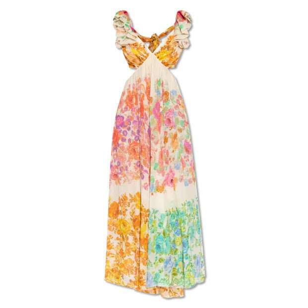 Fashion V - neck Ruffle Sleeve Long Dress Summer Romantic French - Style Flowers Print Bow - knot Backless Design Beach Vacation Dresses Womens Clothing - AMIR BAGS INDIA PRIVATE LIMITED