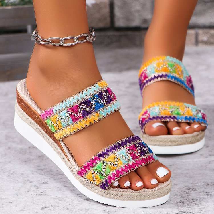Fashion Wavy Pattern Woven Sandals Summer Casual Ethnic Style Slippers Linen Bottom Wide Strap Wedges Shoes For Women - AMIR BAGS INDIA PRIVATE LIMITED