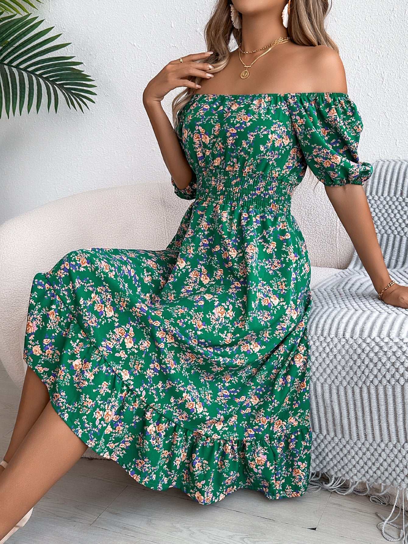 Floral Print Square Collar Dress Summer Fashion Ruffles Dresses Women's Clothing - AMIR BAGS INDIA PRIVATE LIMITED