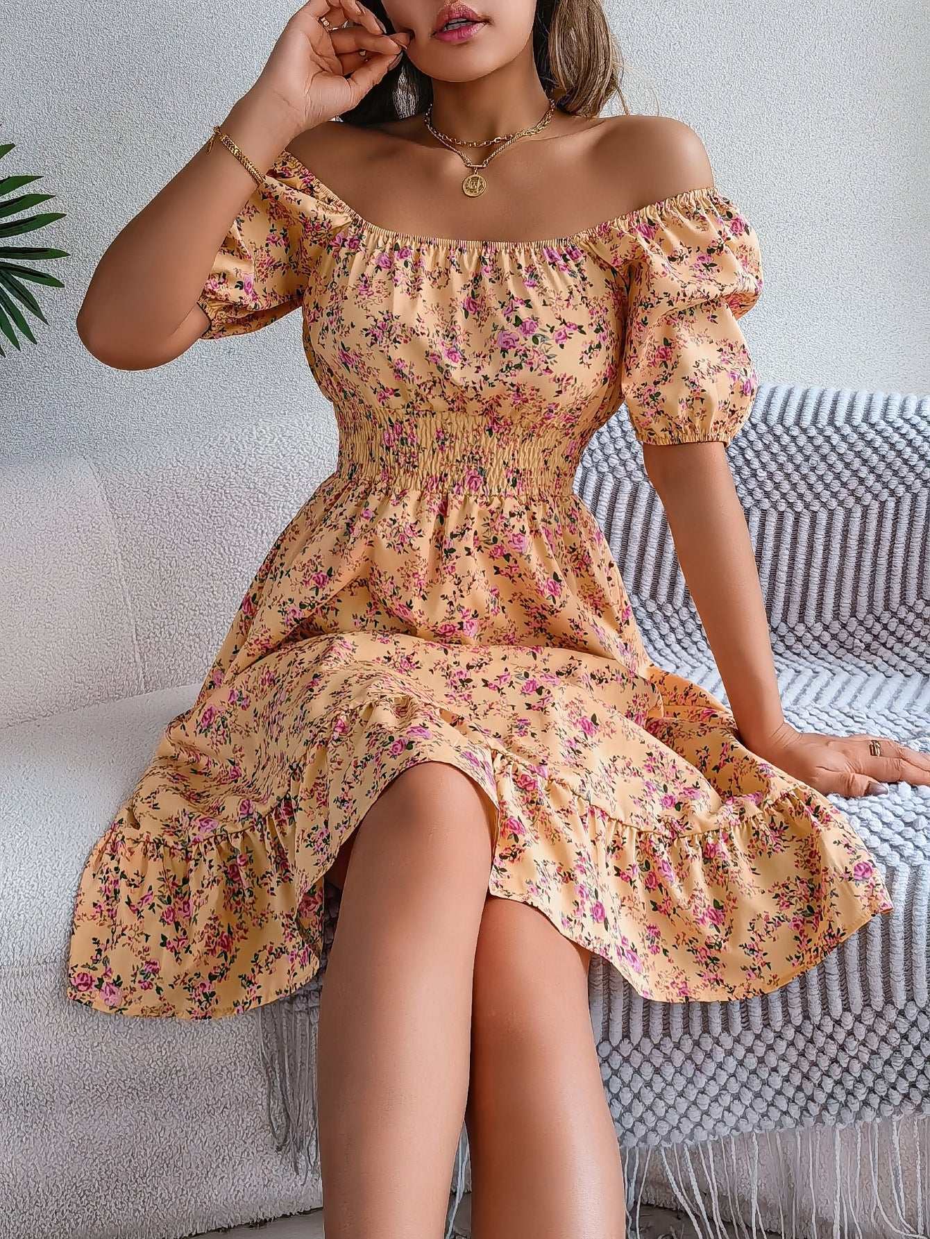 Floral Print Square Collar Dress Summer Fashion Ruffles Dresses Women's Clothing - AMIR BAGS INDIA PRIVATE LIMITED