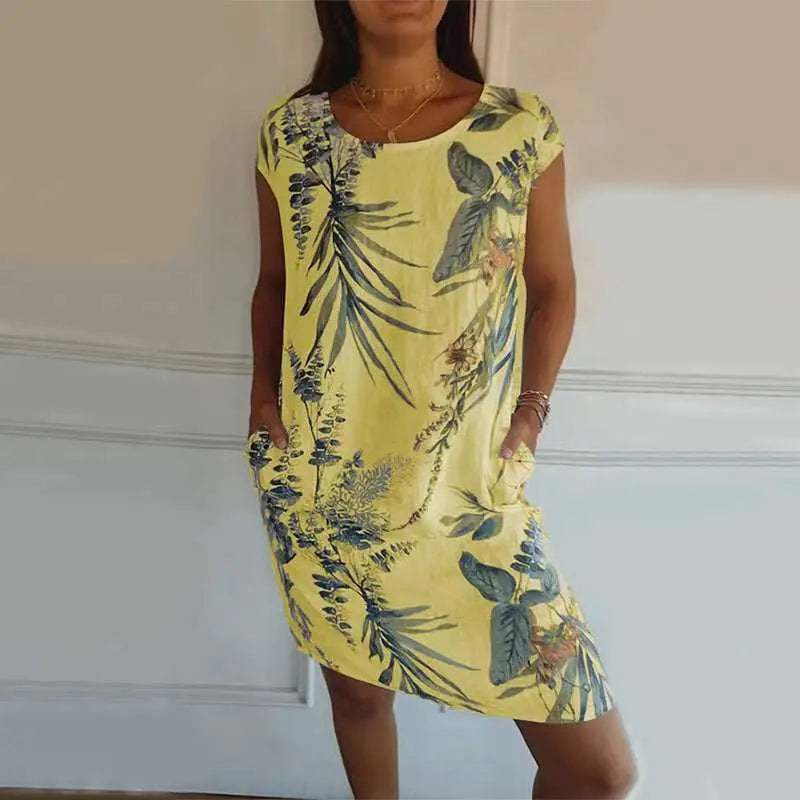 Flower And Leaf Printed Straight Dress Summer Loose Round Neck Short Sleeve Dresses Womens Clothing - AMIR BAGS INDIA PRIVATE LIMITED