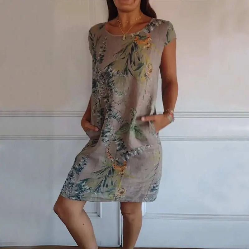 Flower And Leaf Printed Straight Dress Summer Loose Round Neck Short Sleeve Dresses Womens Clothing - AMIR BAGS INDIA PRIVATE LIMITED