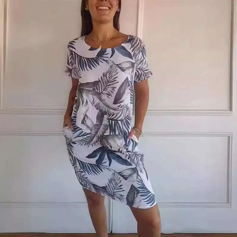 Flower And Leaf Printed Straight Dress Summer Loose Round Neck Short Sleeve Dresses Womens Clothing - AMIR BAGS INDIA PRIVATE LIMITED