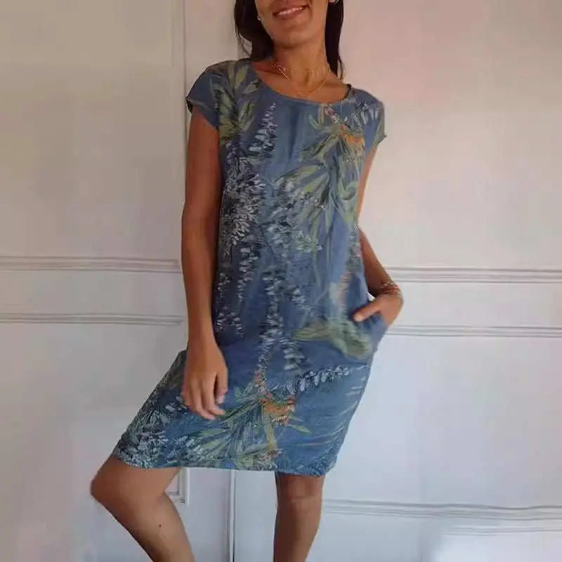 Flower And Leaf Printed Straight Dress Summer Loose Round Neck Short Sleeve Dresses Womens Clothing - AMIR BAGS INDIA PRIVATE LIMITED