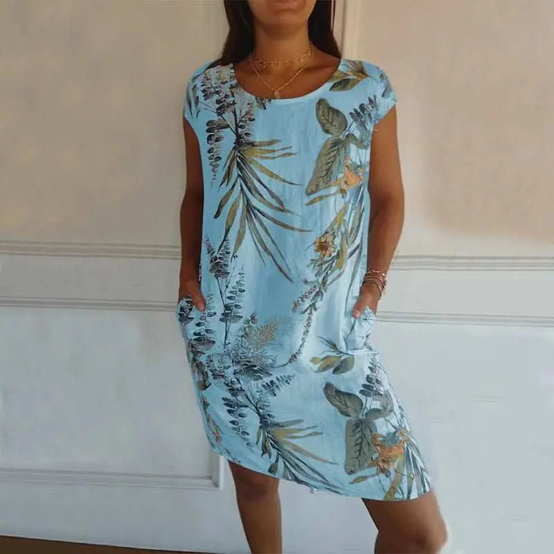 Flower And Leaf Printed Straight Dress Summer Loose Round Neck Short Sleeve Dresses Womens Clothing - AMIR BAGS INDIA PRIVATE LIMITED