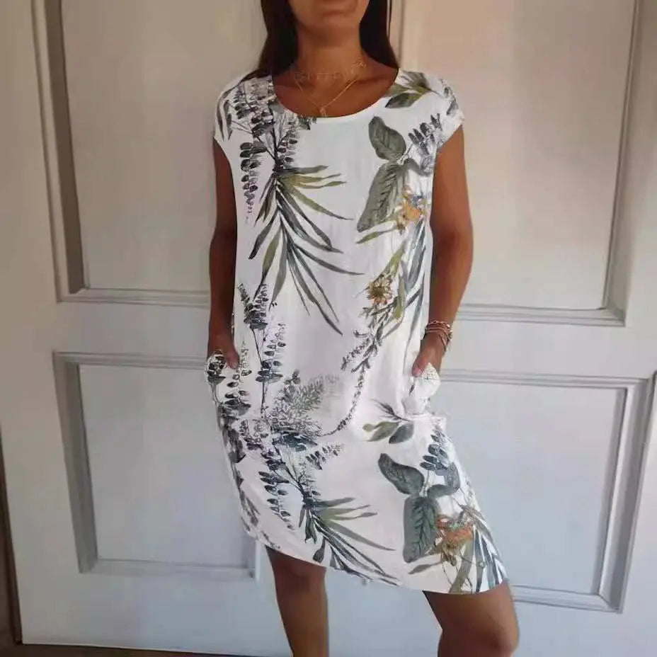 Flower And Leaf Printed Straight Dress Summer Loose Round Neck Short Sleeve Dresses Womens Clothing - AMIR BAGS INDIA PRIVATE LIMITED