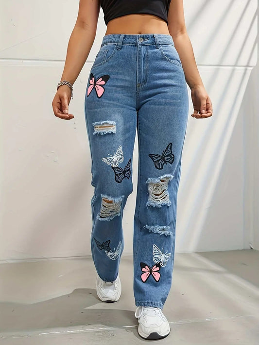 High Waisted Straight Leg Jeans For Women Trendy Butterfly Print Ripped Distressed Denim Pants - AMIR BAGS INDIA PRIVATE LIMITED