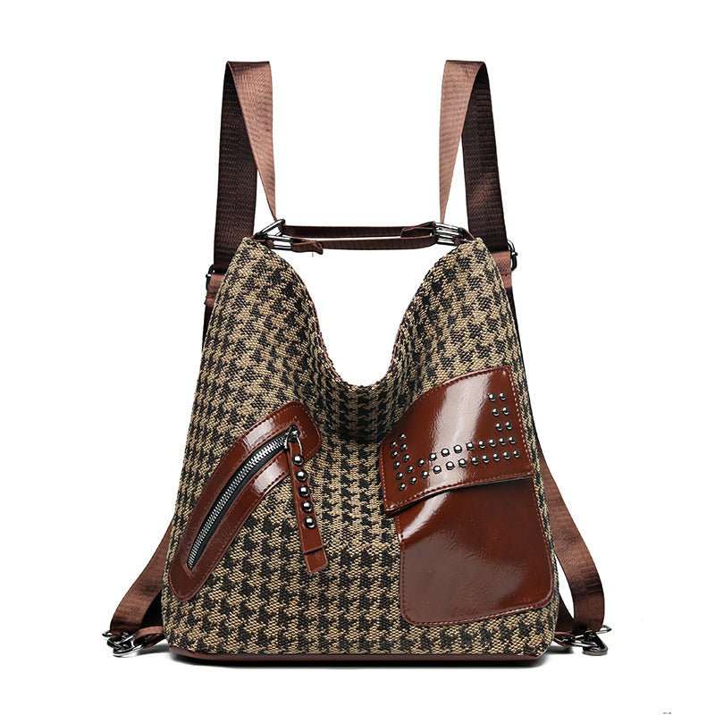 Houndstooth Backpack Women Fashion Rivet Design Leopard Shoulder Bags - AMIR BAGS INDIA PRIVATE LIMITED