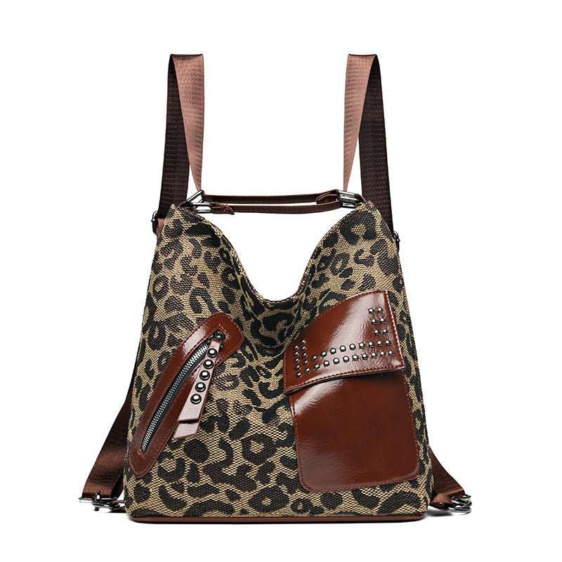 Houndstooth Backpack Women Fashion Rivet Design Leopard Shoulder Bags - AMIR BAGS INDIA PRIVATE LIMITED