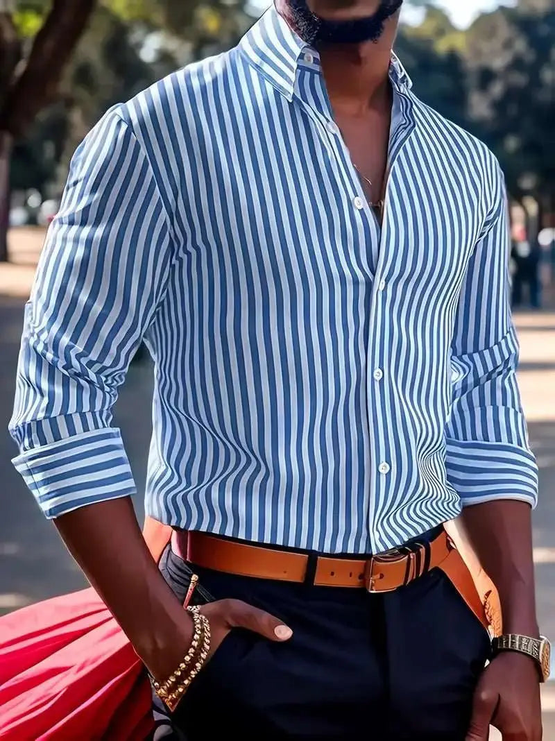 Ins Stripe Printed Long Sleeve Shirt Men Fashion Casual Lapel Button Top Clothing - AMIR BAGS INDIA PRIVATE LIMITED